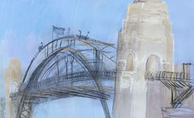 The-Bridge-Plein-air-Guache-and-charcoal-on-paper-76cm-x-100cm-David-K-Wiggs-280x170 Dee-Why-Surfer-girls-Plein-air-Oil-on-canvas-25cm-30cm-David-K-Wiggs-2018-280x170